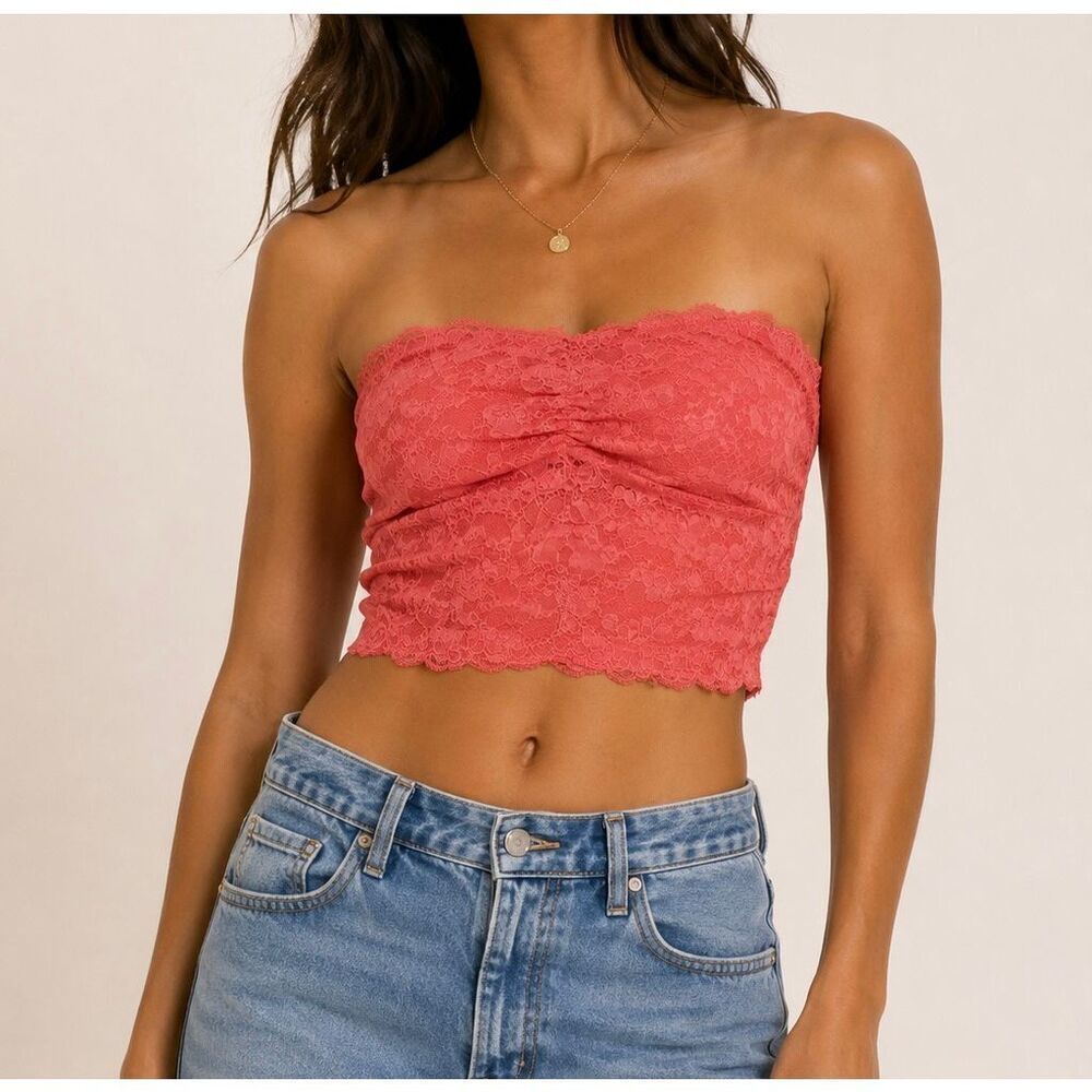 American Eagle Lace Bandeau Tube Top Coral Pink Y2K Coquette Medium